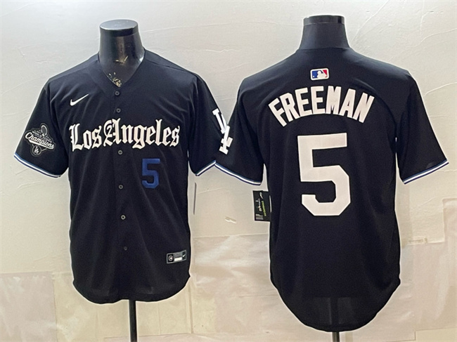 Men's Black Los Angeles Dodgers #5 Freddie Freeman 2025 World Series Champions Patch 'Gothic Edition' Vapor Premier Limited Stitched Baseball Jersey